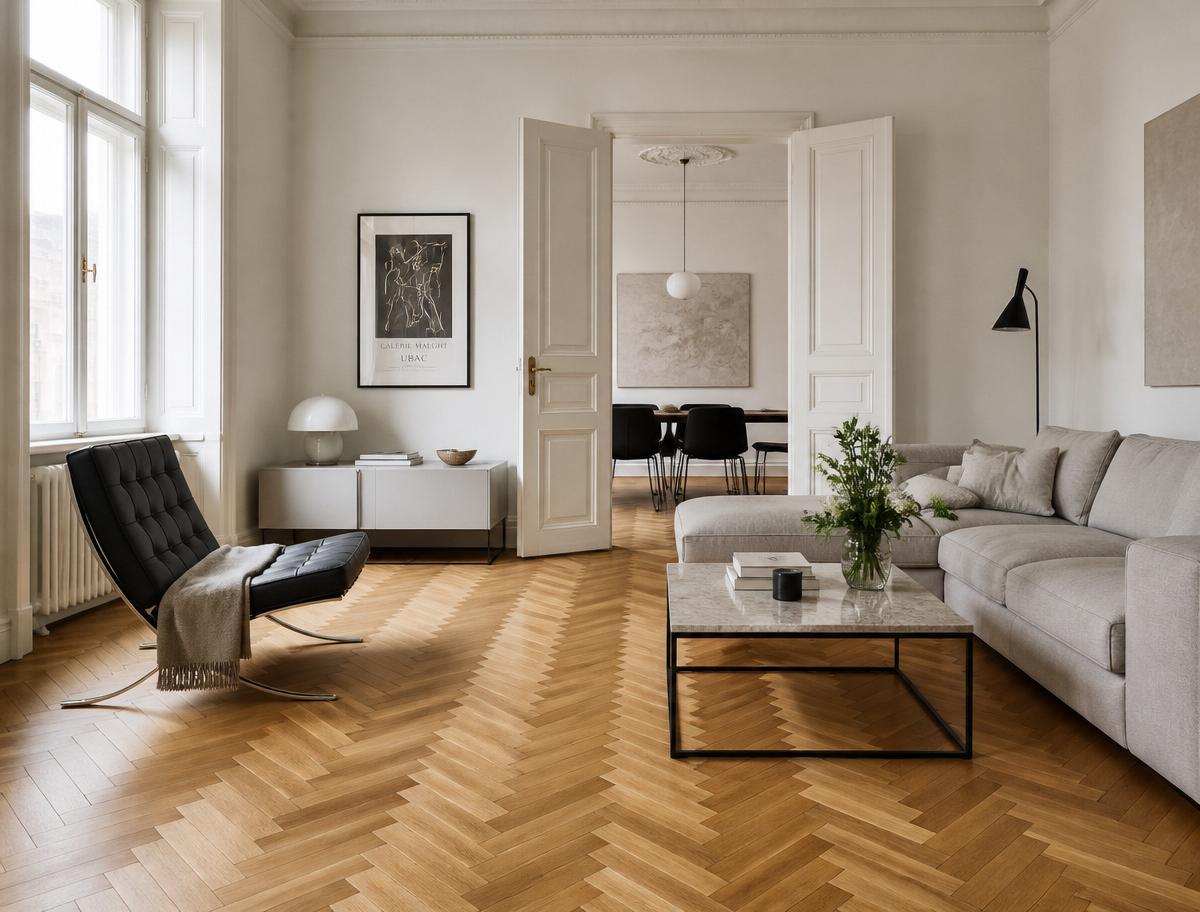 Verlegtes Eichenparkett im Wohnraum – Mucha Parkett Wien